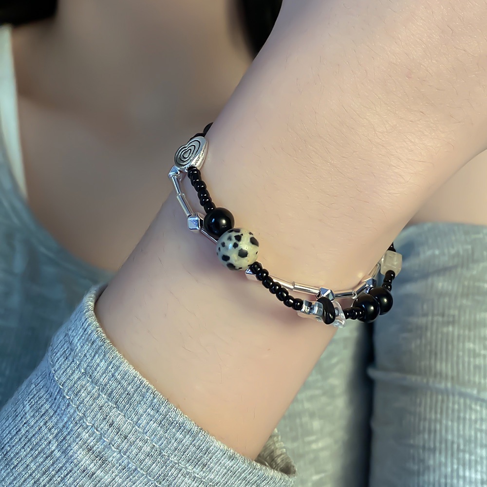 Retro Double Layer Gelang Manik-Manik Hati Untuk Wanita Gadis Ornamen Tangan Batu Keberuntungan