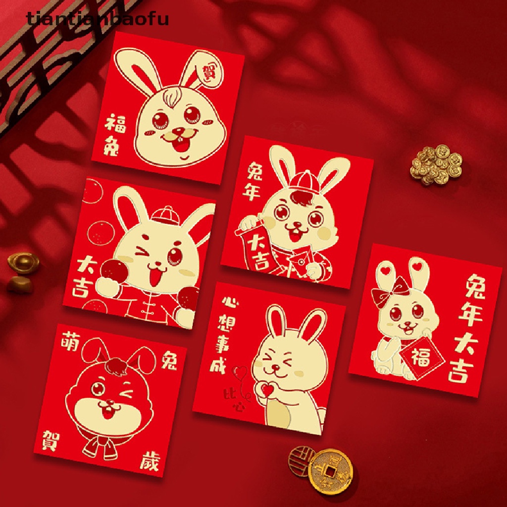 [tiantianbaofu] 6 Pcs 2023tahun Kelinci Amplop Merah Imlek Paket Merah Festival Musim Semi Kantong Uang Hongbao Merah Hadiah Amplop Butik