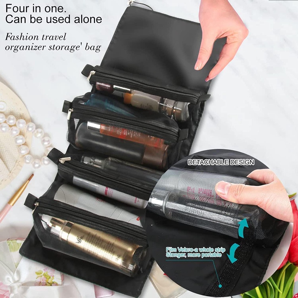 Pouch / Tas Make Up 4 in 1 Roll Portable Organizer Alat Kosmetik / Skincare / Kuas Wajah Mudah Dibawa Travel Dapat Dilepas Praktis Elegan Transparent Black