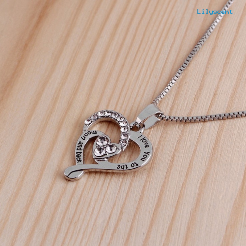 [LS]I Love You to the Moon Berongga Berlian Imitasi Jantung Liontin Kalung Hadiah Hari Ibu