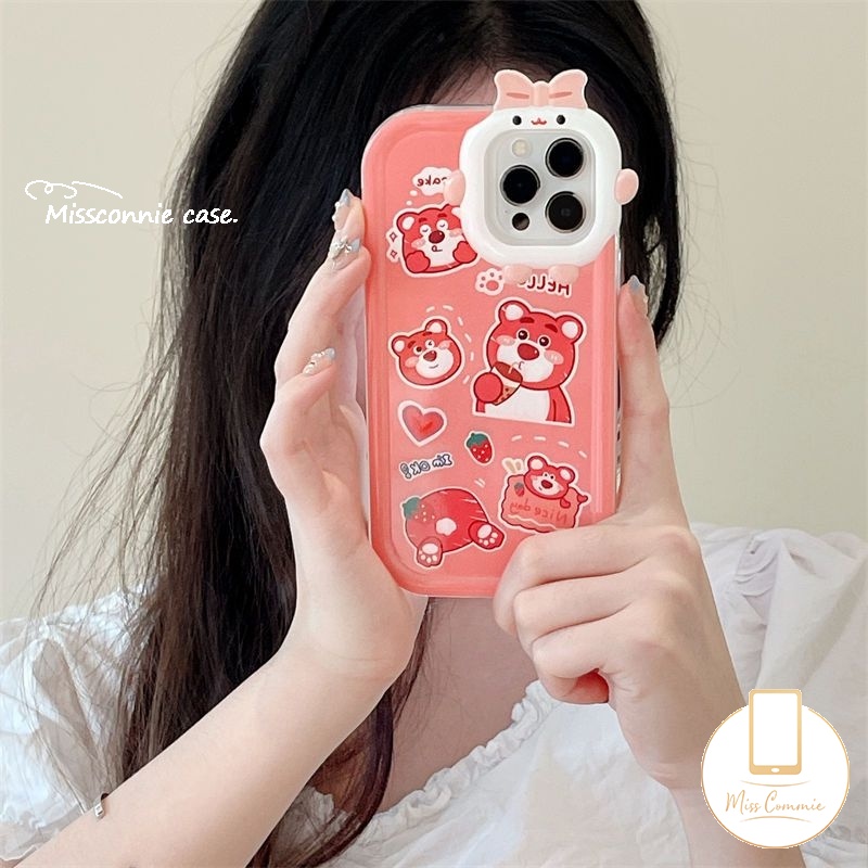 Oppo A17 A16 A16 A96 A16K A12 A55 A5s A74 A17K A57 A15 A76 A3s A95 A54 A7 A77 A53 A31 A77s A5 A9 A52 Reno 57z A16E Kartun Strawberry Bear Manyo Lembut 3D Bow Little Monster Lens Case