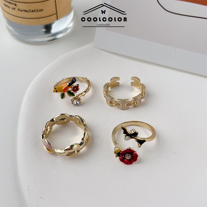 COD❤️Cincin Model Terbuka Bahan Alloy Desain Bungaburung Hias Berlian Imitasi Untuk Wanita Aksesori Cincin Serbaguna- cl