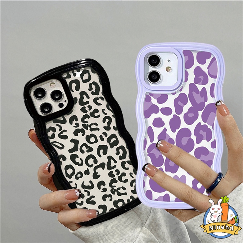 IPHONE Casing Kompatibel Untuk Iphone14 13 12 11 Pro Max X Xr Xs Max8 7 6 6s Plus Ungu Tua Motif Leopard Gelombang Frame Phone Case Silikon Soft Case Cover Pelindung