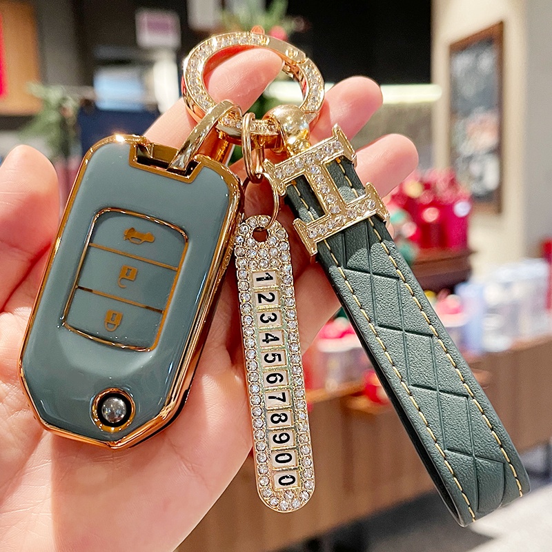 Bling Berlian Imitasi Keyring TPU Car Key Case Cover Untuk Smart Honda Vezel City Civic CR-V CRV Accord Pilot HRV Jade Pelindung Shell