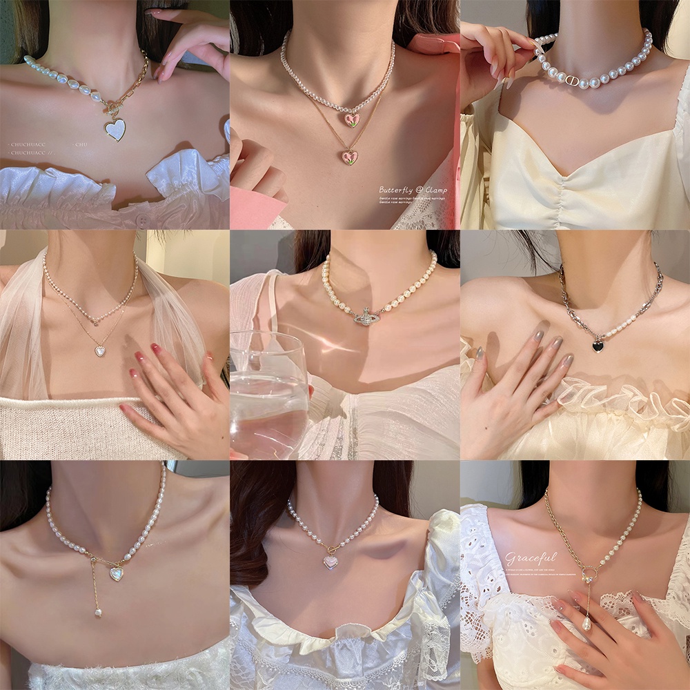 Kalung Liontin Klavikula Mutiara Hati Butterfly Choker Rantai Multilayer Untuk Aksesoris Perhiasan Wanita