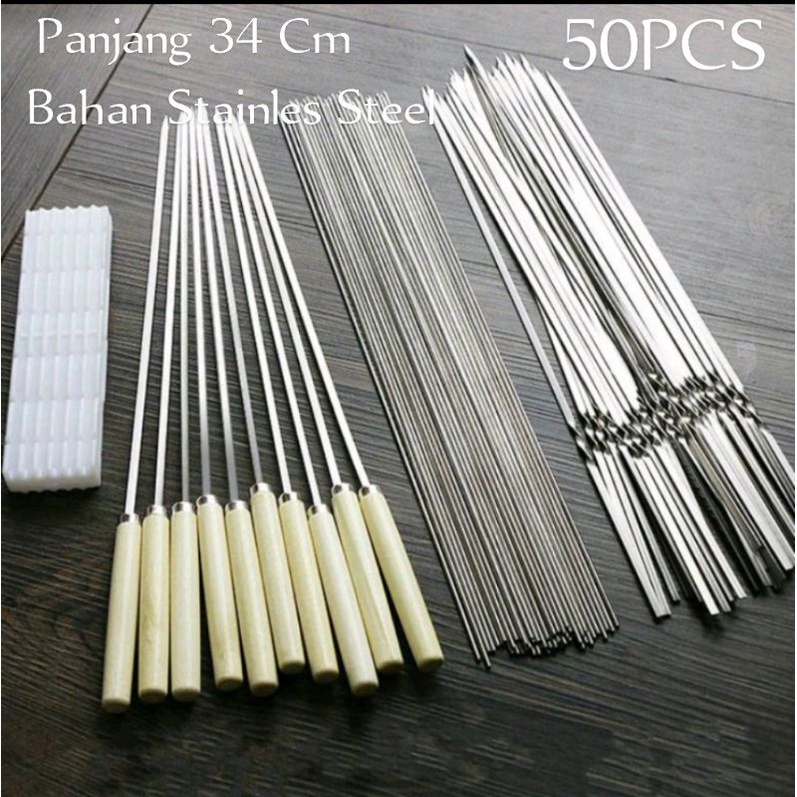 Tusuk sate dengan gagang barbeque stainless steel 50 pcs