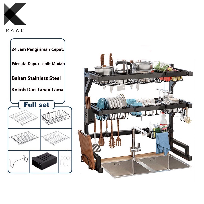KAGK Rak Cuci Piring Dapur Stainless Hitam Rak Wastafel Rak Piring Dan Peralatan Dapur Kokoh Kuat