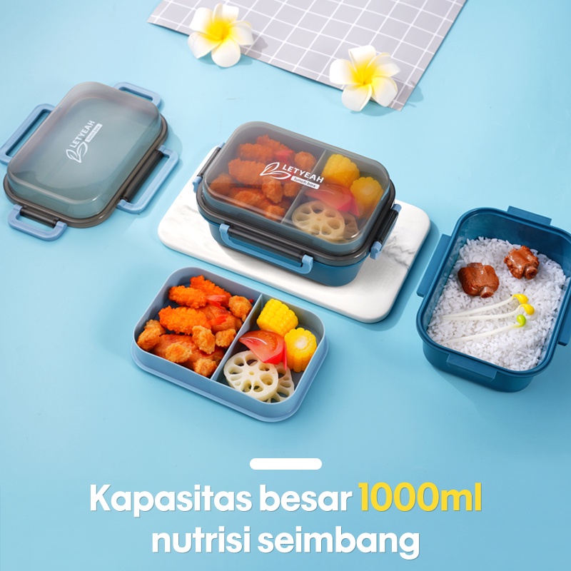 Letyeah &amp; Kaizenliving Kotak Makan 2 Tingkat 1000 ml / Lunch Box Anti Bocor / Tempat Bekal / Free Sendok / Food Grade