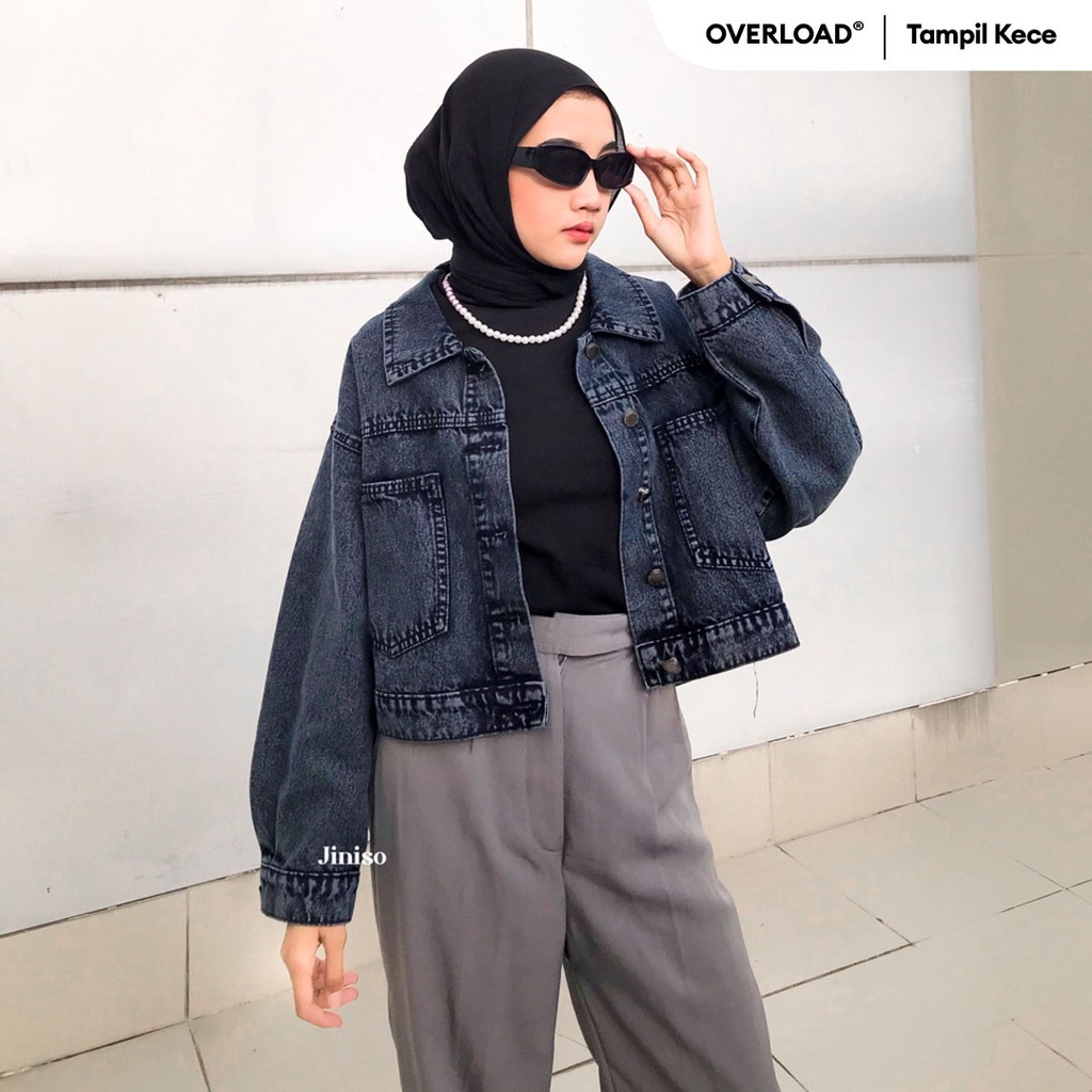 JINISO Jaket Crop Jeans Oversize Pocket Black Acid