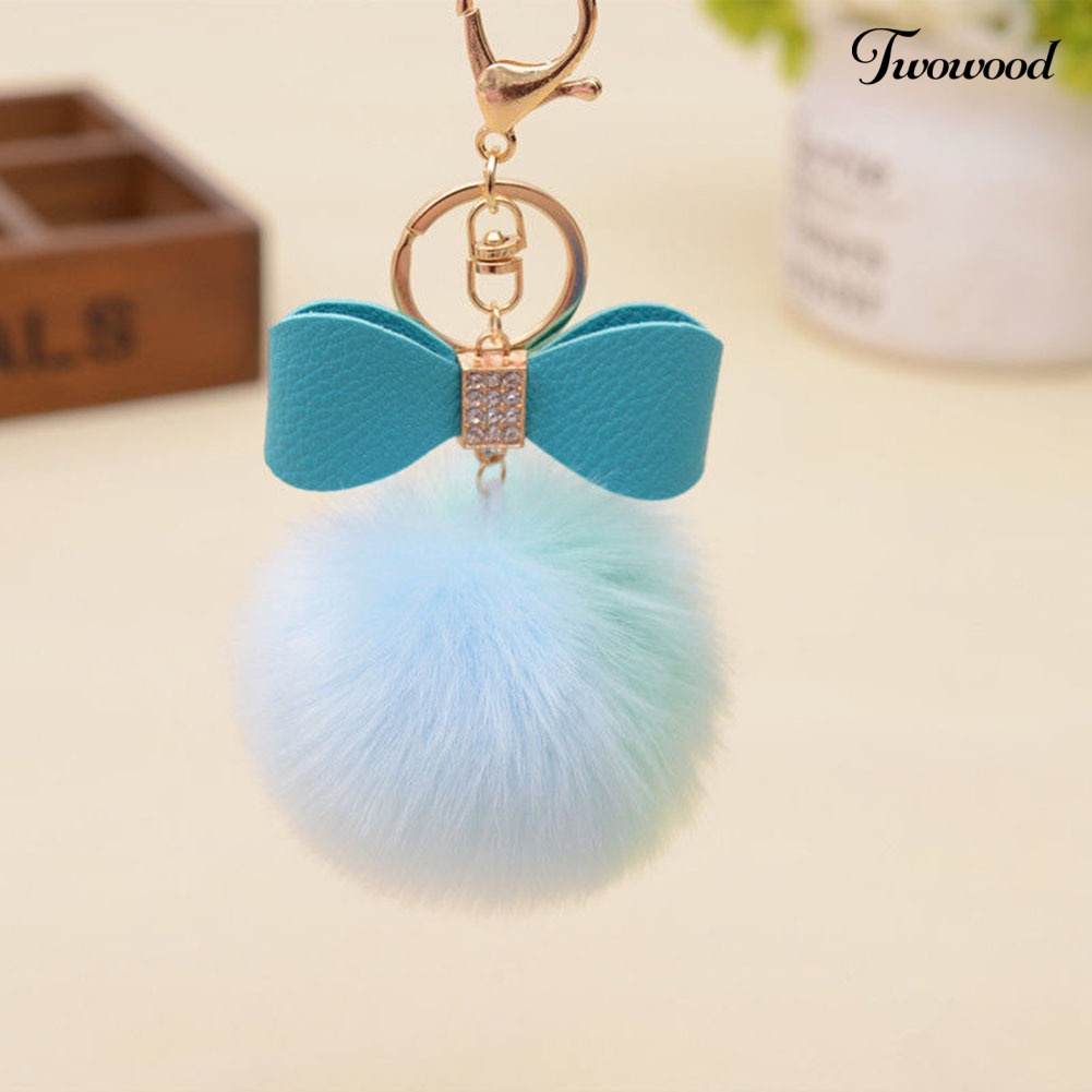 Twowood Faux Rabbit Fur Ball Fluffy Ikatan Simpul Pesona Gantungan Kunci Mobil Handbag Phone Key Ring