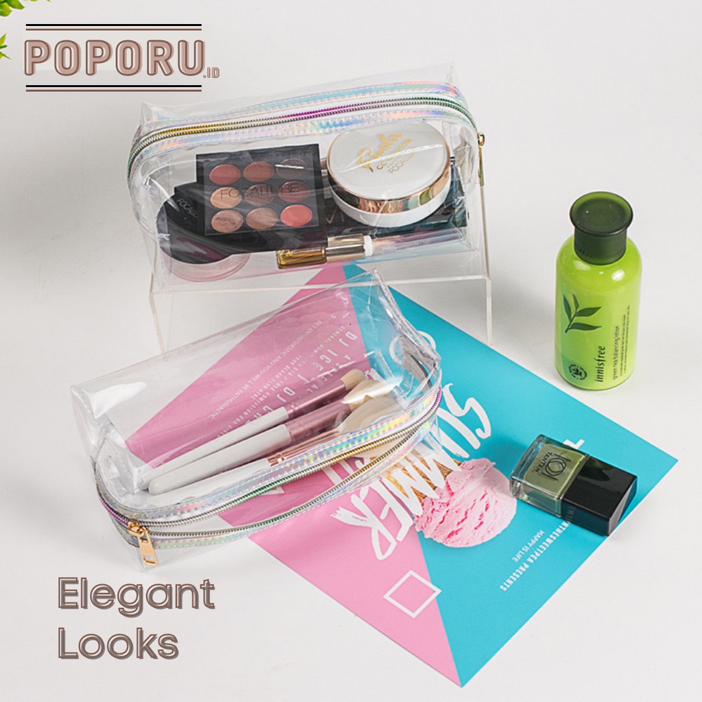 POPORU CLEAR HOLOGRAM Transparent Pouch / Tas Kosmetik Bening / Pouch Transparan Travel  Murah / Anti Air PVC