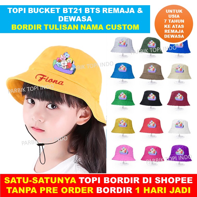 Bucket Dewasa BT21 BTS Topi KOREA Custom Bordir Nama Untuk Remaja Usia 7 Tahun ke atas