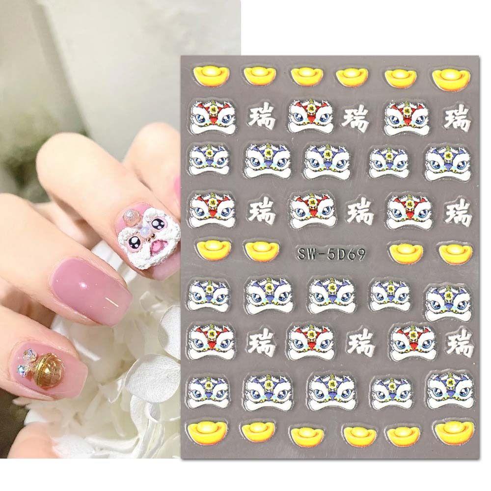 Rebuy Chinese New Year Nail Stiker Fashion Cute Lion New Year Nail Art Manicure Aksesoris FU Karakter Dekorasi Nail Art Karakter Cina