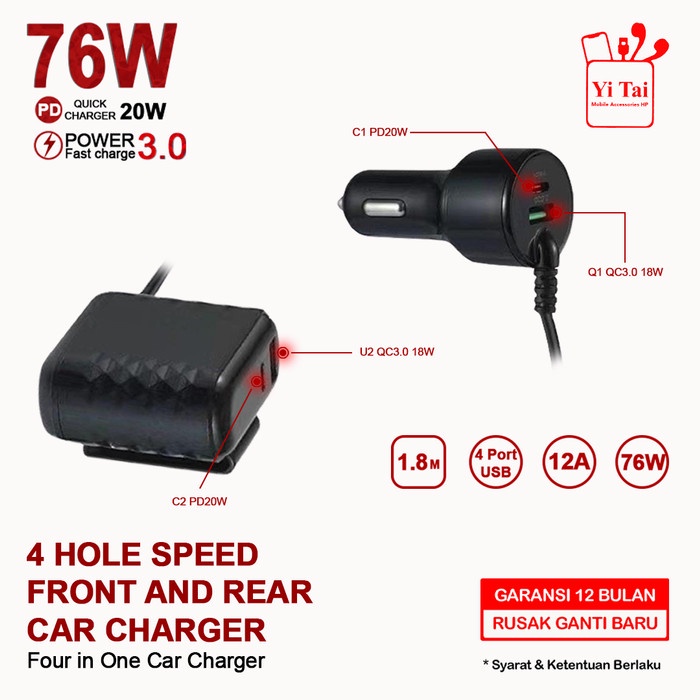 CAR CHARGER YITAI 76W 4 PORT USB 1.8M PD20W QC3.0 -CCG06 - BDC