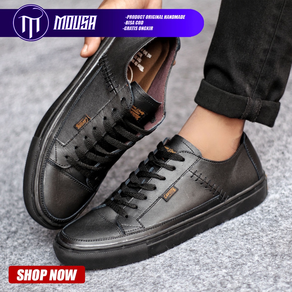 Sepatu Sneakers Casual Pria Kulit Asli Kerja Hitam Mousa Dante Low