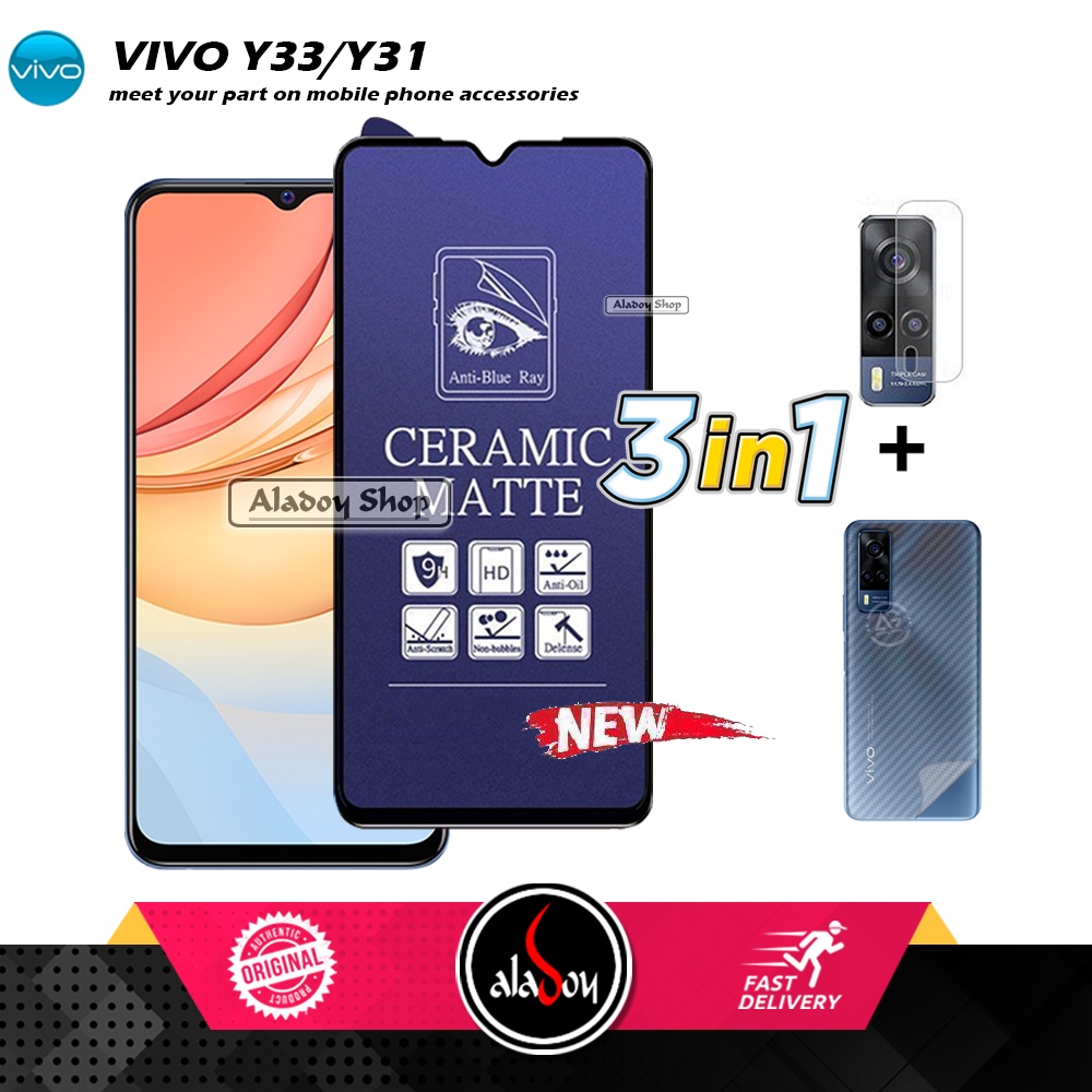 PAKET 3IN1 Anti Gores Blue Matte Anti Glare Vivo Y33/Y31 + Tempered Glass Camera dan Skin Carbon