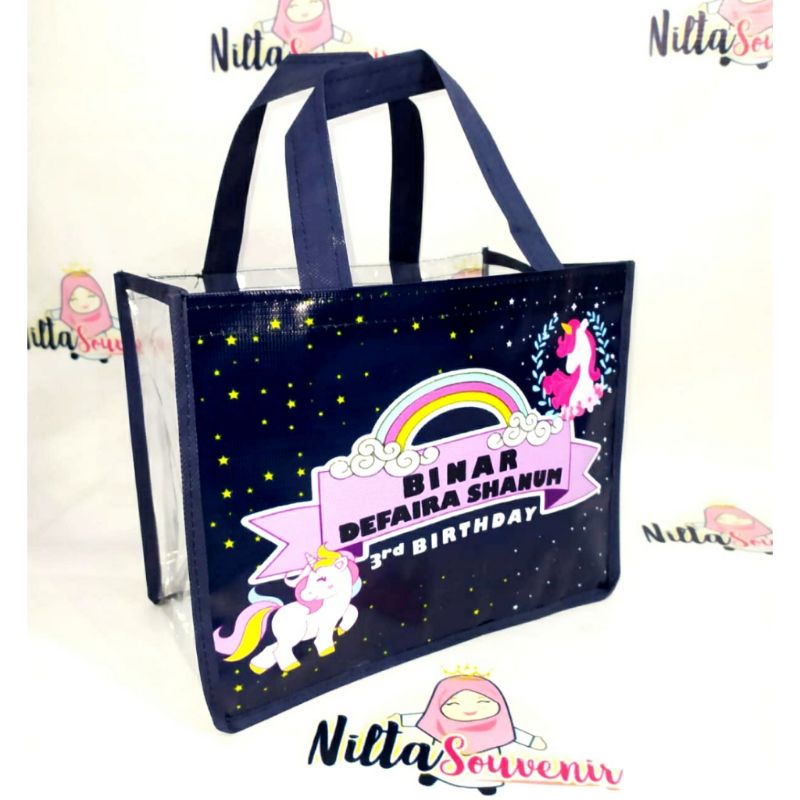

tas mika transparan ulang tahun anak unicorn/souvenir tas ultah custom gambar
