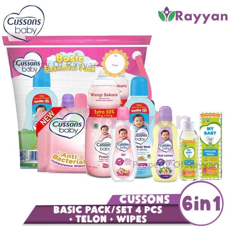 (CM)Cussons Baby Basic Essential Pack + Telon + Wipes | Cussons Baby Gift Set Medium/Basic 6in1/ Perlengkapan Kado Bayi Baru Lahir is 6| Cussons Baby Basic Pack + Telon+Wipes/ Perlengkapan Kado Bayi Baru Lahir Cussons plus My Baby Telon 30 ml /Cusson Set