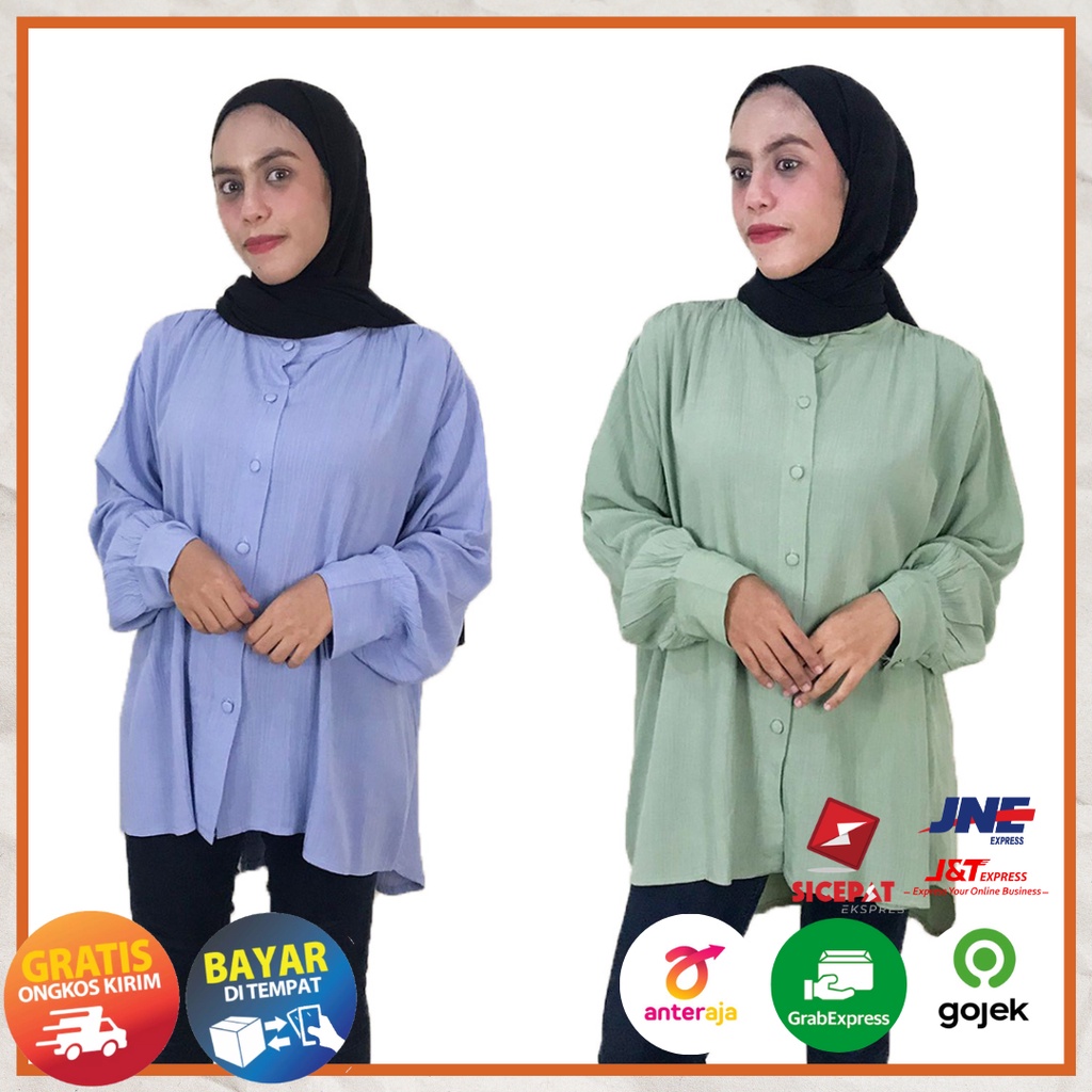 Ezpata Blouse Kemeja Atasan Wanita Lengan Panjang Manset Polos Kancing Aktif Jumbo LD 130-140cm Bahan Crinkle Premium Murah Berkualitas