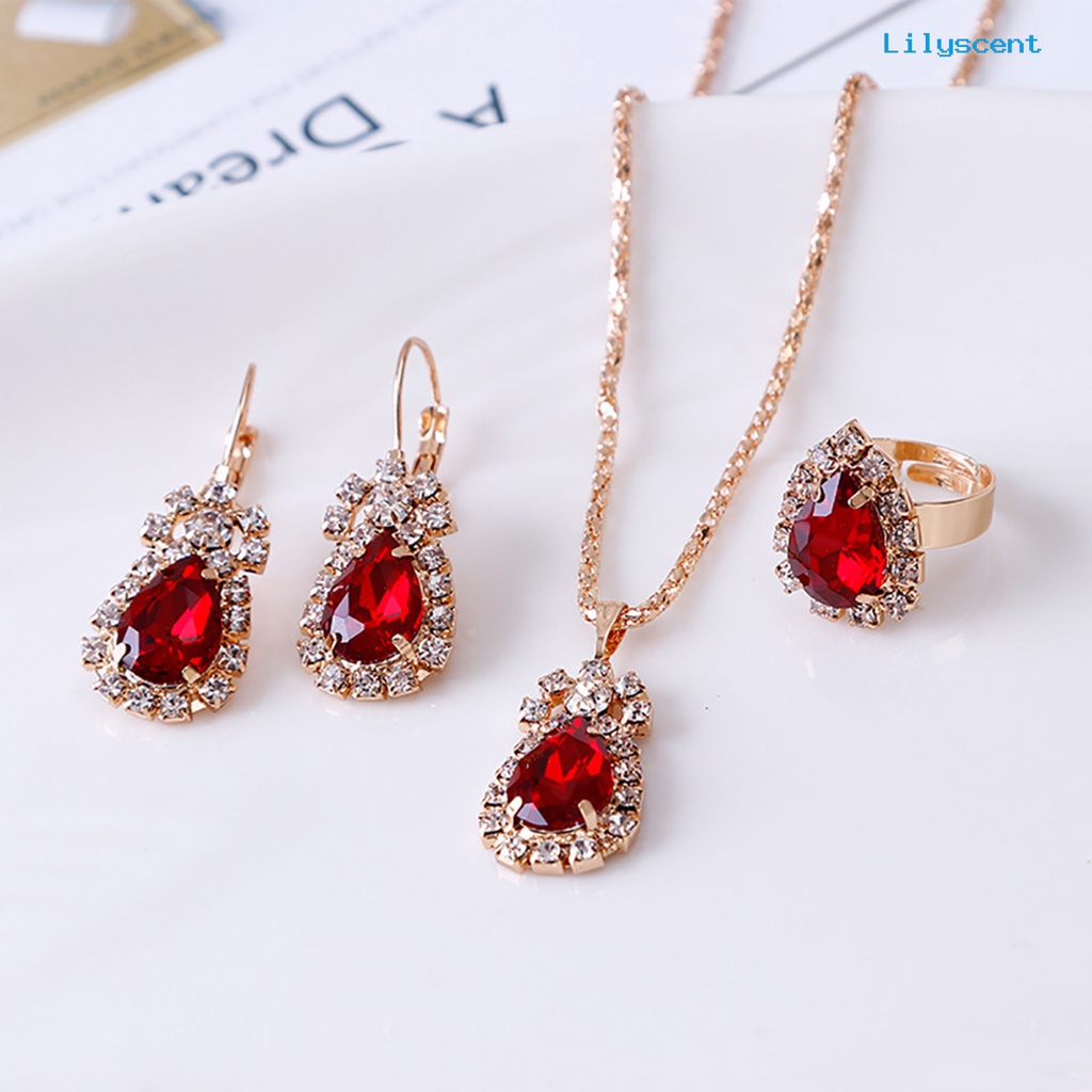 [LS] Set Perhiasan Eye-catching Mudah Senada Wanita Tetesan Air Berlian Imitasi Mengkilap Kalung Cincin Anting Untuk Pesta