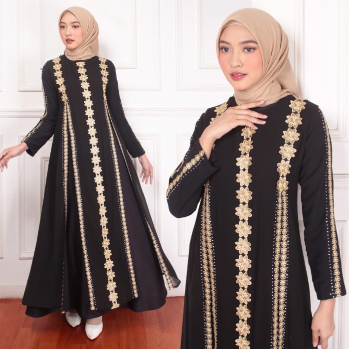 Abaya ABAYA TURKEY BUNGA CANTIK - HitamGOLD, M(H9M5) Abaya turkey busui Abaya basic polos Abaya turk