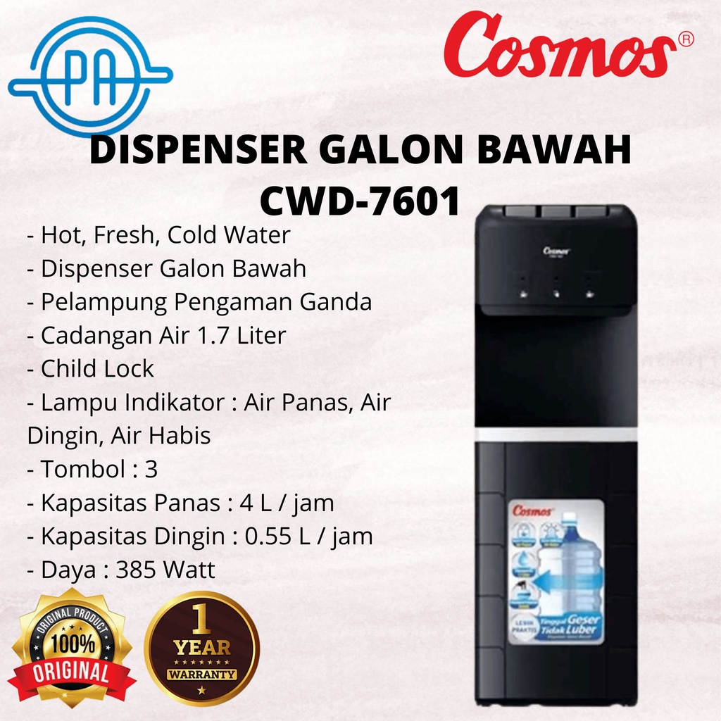 DISPENSER GALON BAWAH COSMOS CWD-7601 CWD7601 CWD 7601 HOT FRESH COLD