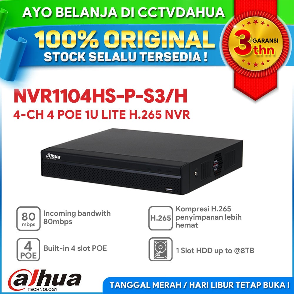 DAHUA NVR1104HS-P-S3/H 4CH 4 POE Compact 1U Lite H.265 NVR 1 SLOT HDD