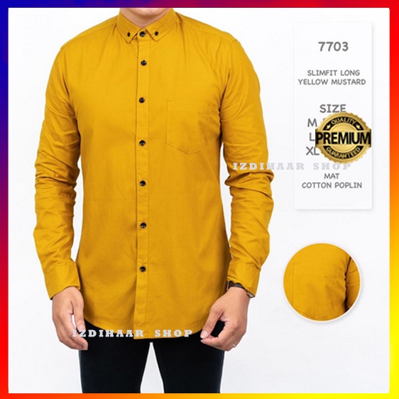 Kemeja Pria Lengan Panjang Polos Katun Warna  Kuning Kunyit Mustard JUMBO XXXL