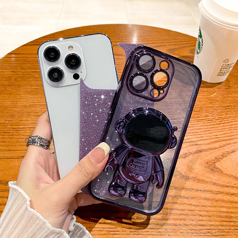 IPHONE Mewah 3D Astronot Glitter Berdiri Lubang Bening Casing Ponsel Untuk Iphone14 11 13 12 Pro Max X XS Max XR 78 Plus Se2020 Silikon Shockproof Cover