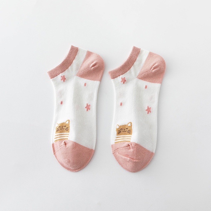 IL - KAOS KAKI PENDEK WANITA LUCU SEMATA KAKI KOREA WARNA SOFT PASTEL PUTIH PINK MUDA PEACH CORAL MOTIF HEWAN KUCING SC46