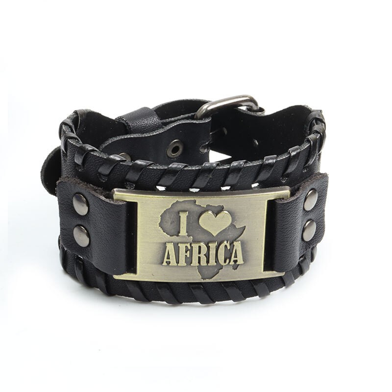 [Z H Jewelry] Viking Fashion Pria &quot;I LOVE Africa&quot; Gelang Stainless Steel Anyaman Kulit/Aksesoris Perhiasan Pesta 18.5CM~21.5CM