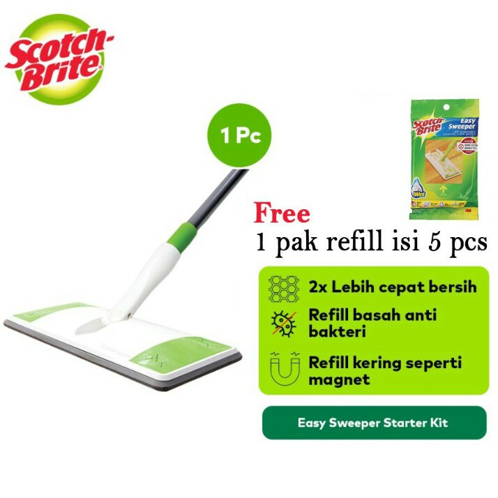 ALAT PEL TONGKAT SCOTCH BRITE EASY SWEEPER KIT Q600 + 5PCS LAP DISPOSIBLE REFILL UNTUK LANTAI KAYU MARMER KERAMIK VINYL