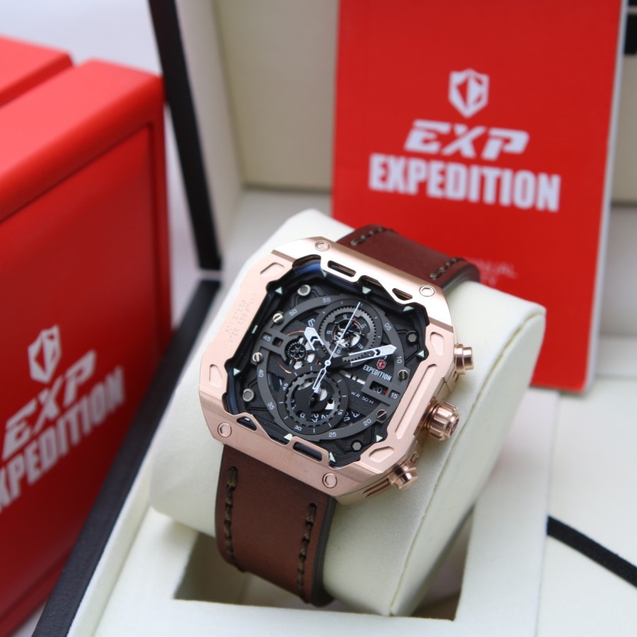 Jam Tangan Expedition Pria E 6826 / E6826 Leather Full Rosegold Black Original