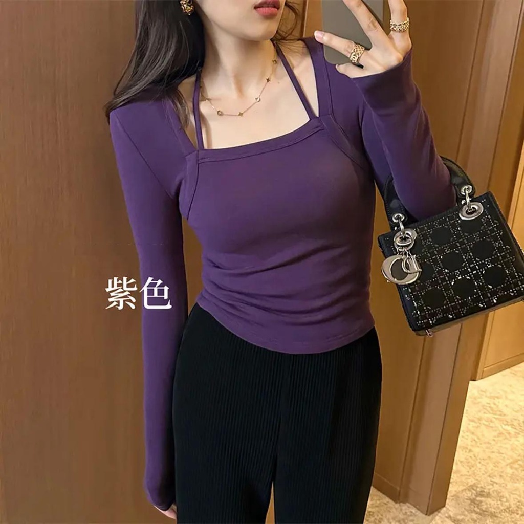 ❁Suhao Halter Neck Brushed Fleece Fleece Menebal Desain Atas Bawah Pakaian Luar Musim Dingin 2022 Tampilan Baru Tipis Serbaguna Gadis Panas Tren