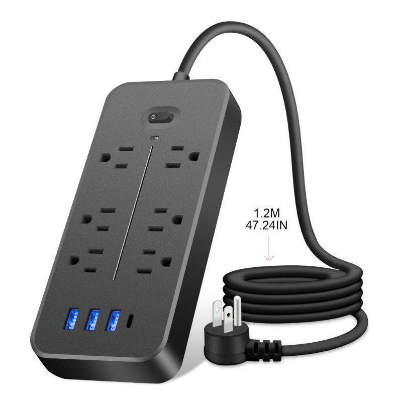 Zzz Power Strip Wall Outlet Surge Protector Stop Kontak 6xAC 3x Port USB &amp; Port Tipe-C