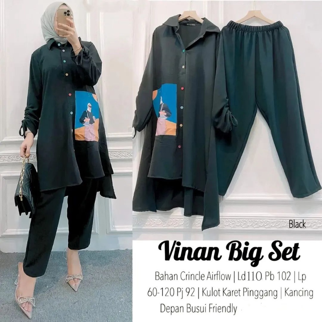 One Set Kemeja Lengan Kerut Sablon Kekinian Plus Celana Model Viral Kekinian / Daily Hijab Simple / Outfit Gaya Korea One Set Setelan Wanita Korean Style Baju Wanita ala Selebgram Paket Ootd Hemat Fashionable / Vinan big set