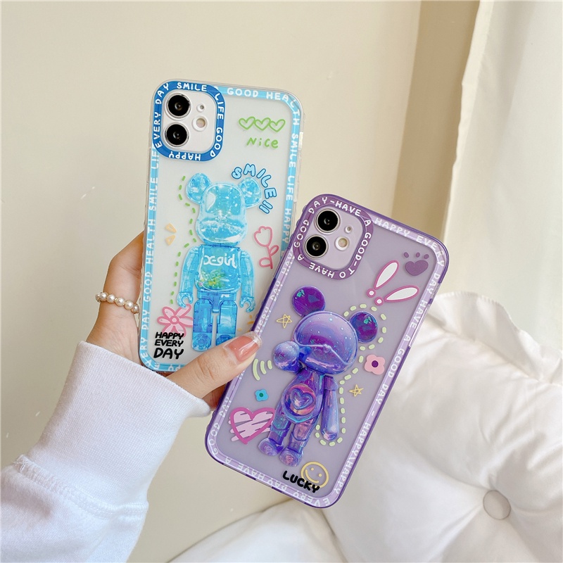 IPHONE Casing Ponsel Beruang Kekerasan Silikon Cair Lucu Mewah Untuk Iphone11 12 13 Pro Max XS XR 78 Plus Magnetic Holder Back Cases Cover