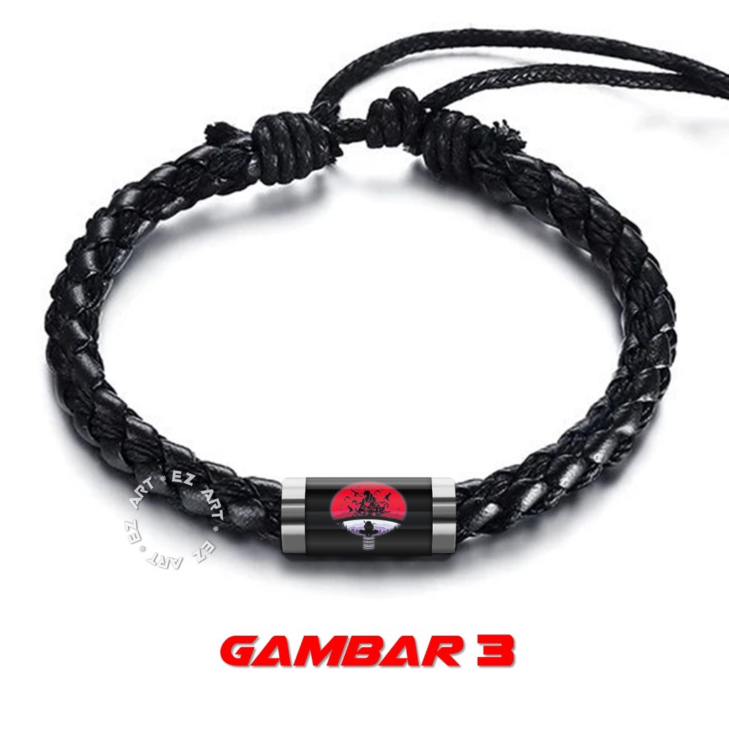 GELANG SIMPLE ANIME NARUTO LOGO AKATSUKI SHARINGAN RINEGAN TALI KULIT KEPANG GAMBAR KACA EPOXY TABUNG STAINLESS STEEL