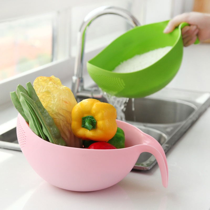 1pc Colander Saringan Beras Bahan Plastik Warna-Warni Dengan Gagang/Keranjang Saringan Cuci Buah Sayuran Gadget Dapur