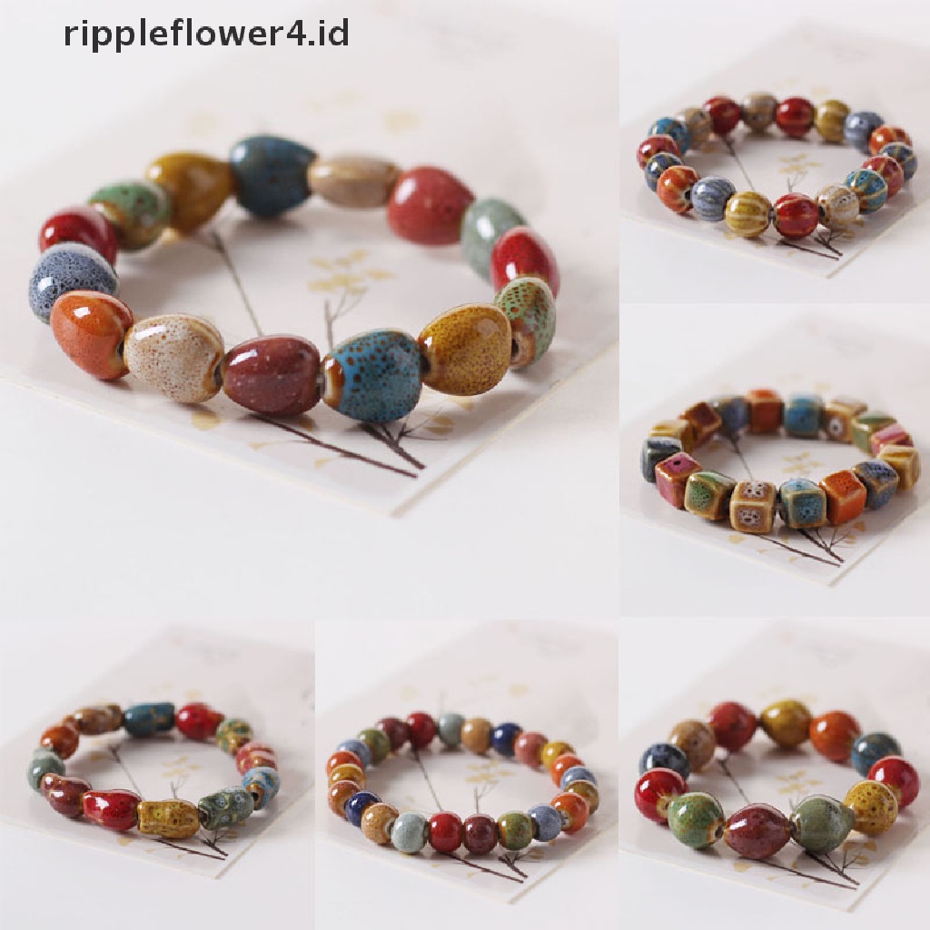 {rippleflower4.id} Gaya Etnik Fashion Glasir Keramik Manik-Manik Dainty Bracelets Strand Bracelet Multicolor Elastis Loves'Kado 1biji~