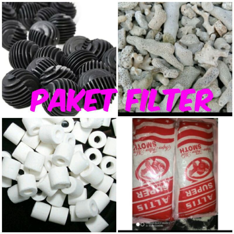 Paket media filter aquarium karangjahe, bioball, bioring, kapas/busa termurah berat 1 plastinya 1/2 