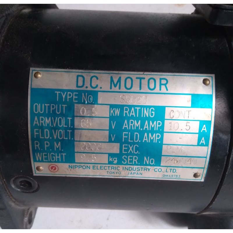 Dc Servo Motor Type S5020 65V 2000Rpm 0.5KW 10.5Amper