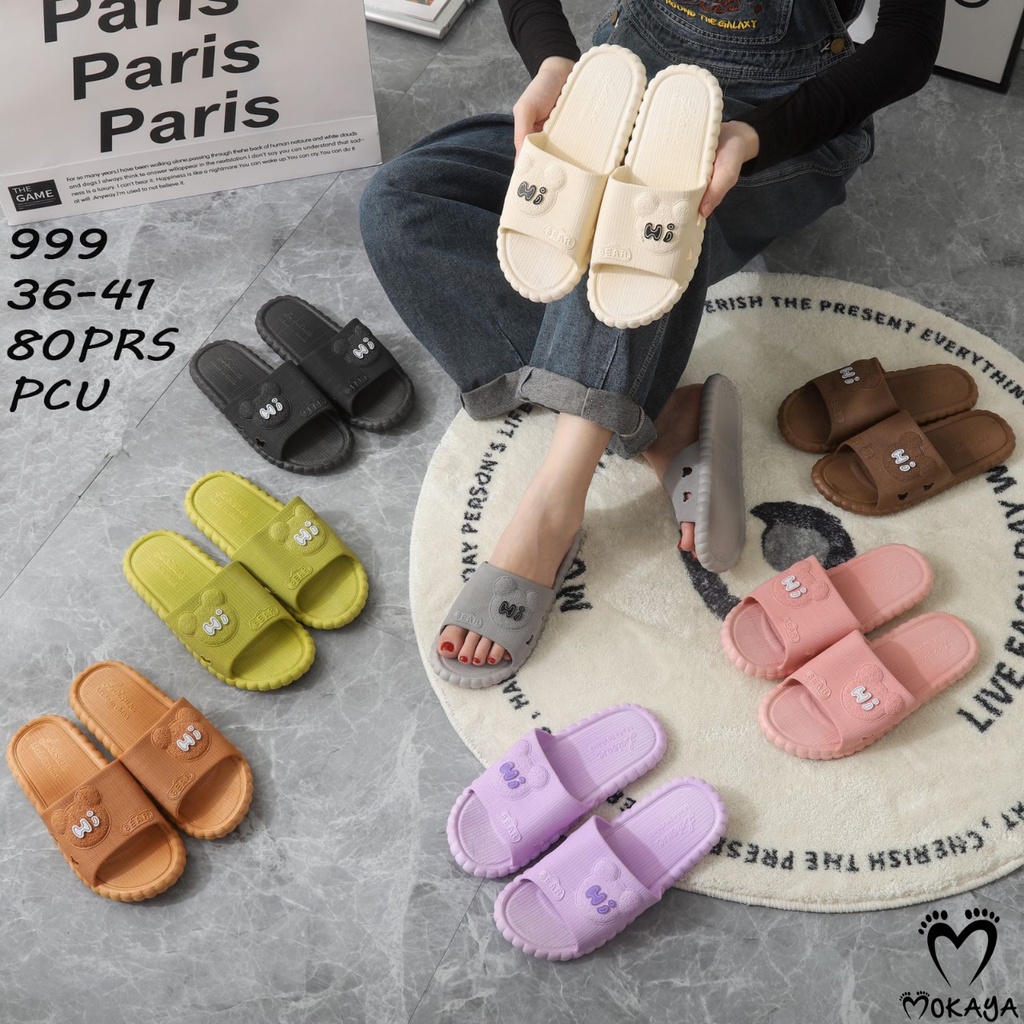 Sandal Slop Rumah Jelly Wanita Ban Motif Bear Timbul Sama Warna Hi Putih Super Cantik Cute Import Mokaya / Size 36-41 (999-AB/999)