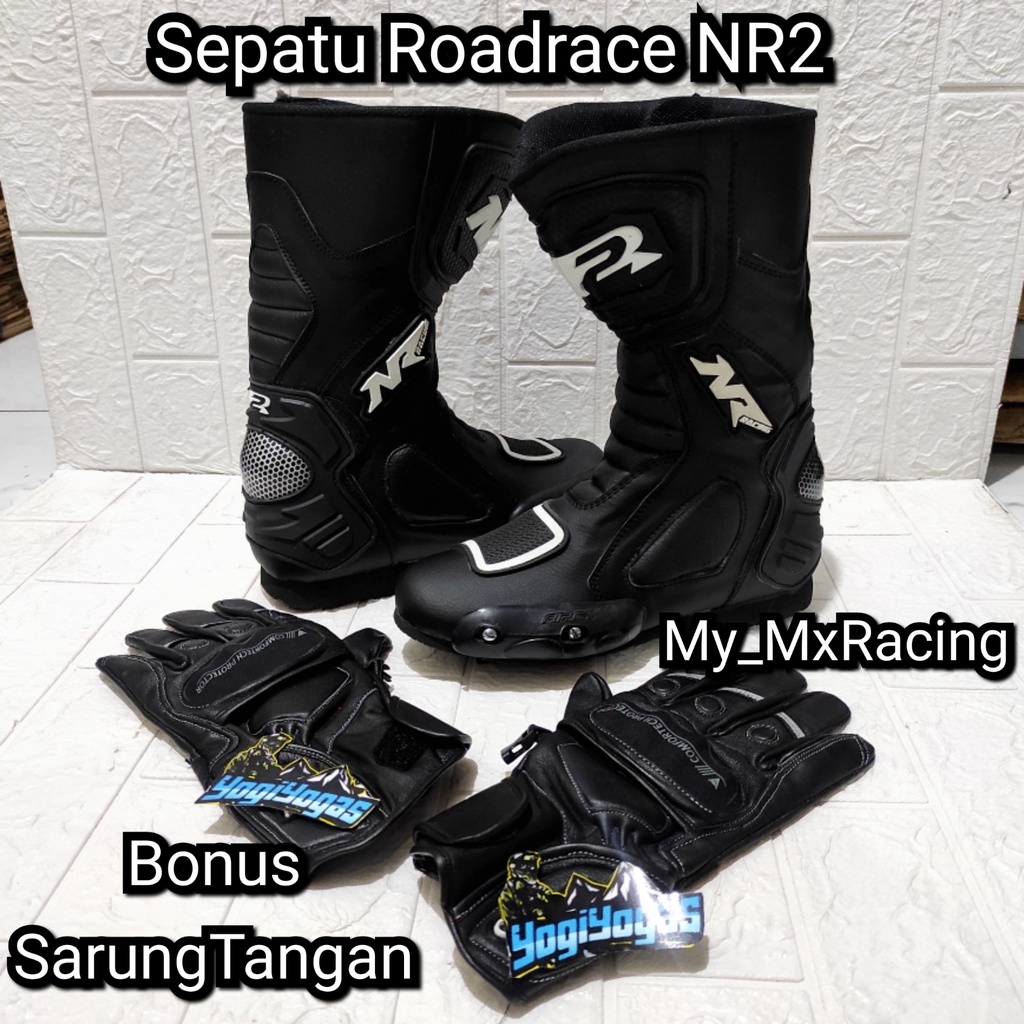 sepatu roadrace  bonus sarung- sepatu balap BLACK - sepatu touring keren - bots - bots drag or cornering - balap -sepatu bots safety terlaris enduro hard - bots keren - kualitas premium jahitan rapih - original produk negeri NR2