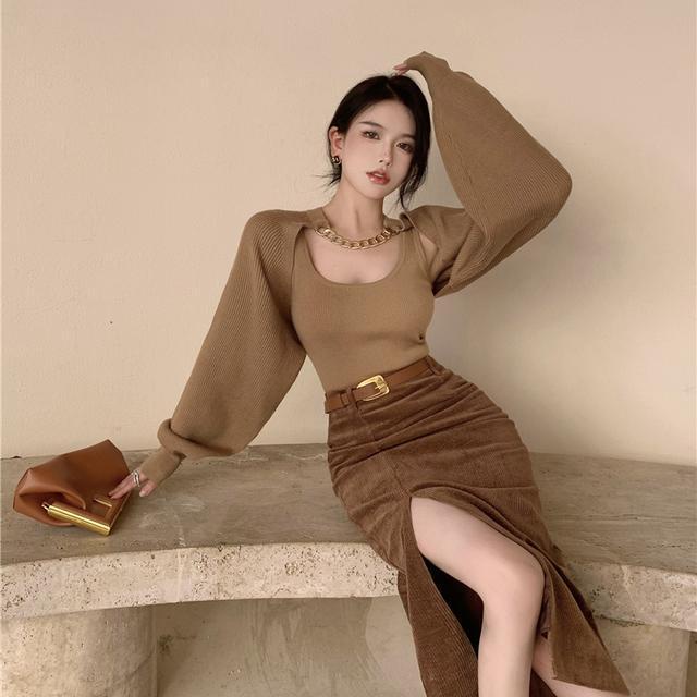 Suhao Rantai Warna Kopi Jaket Sweater Wanita Pendek Longgar Lengan Panjang Selendang Blus Dua Setelan Jas Rajutan cardigan Top