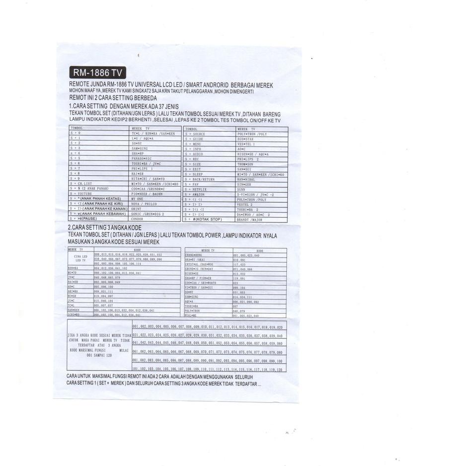 Free Delivery REMOTE LED TV UNIVERSAL REMOTE SMART TV UNIVERSAL JUNDA RM-1886 MULTI