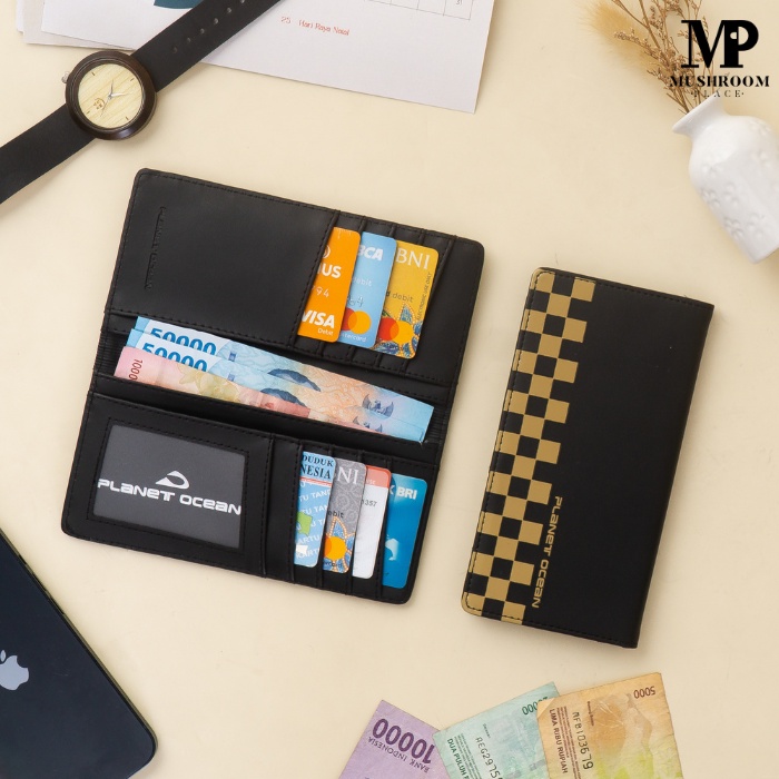 Dompet Lipat Panjang Kartu Pria Planet Ocean Hitam List Kotak-Kotak Original - PO14