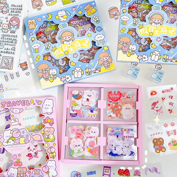 100lembar Kotak Kartun Tahan Air Stiker PET Set Siswa Indah Dekoratif DIY Stiker