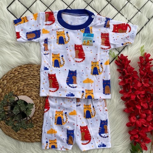 baju anak murah lucu motif kucing setelan pendek 3-18 bulan (PD008)