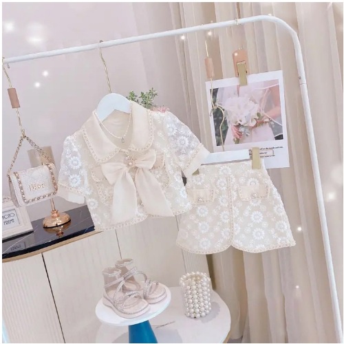 Setelan Baju rok CREAM PITA BESAR KANCING MUTIARA Anak Perempuan Import/ setelan Pesta Baju Bayi Perempuan